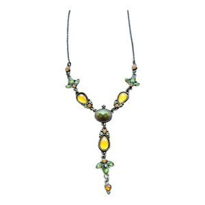 Antique Style Green & Amber Stone Y Necklace